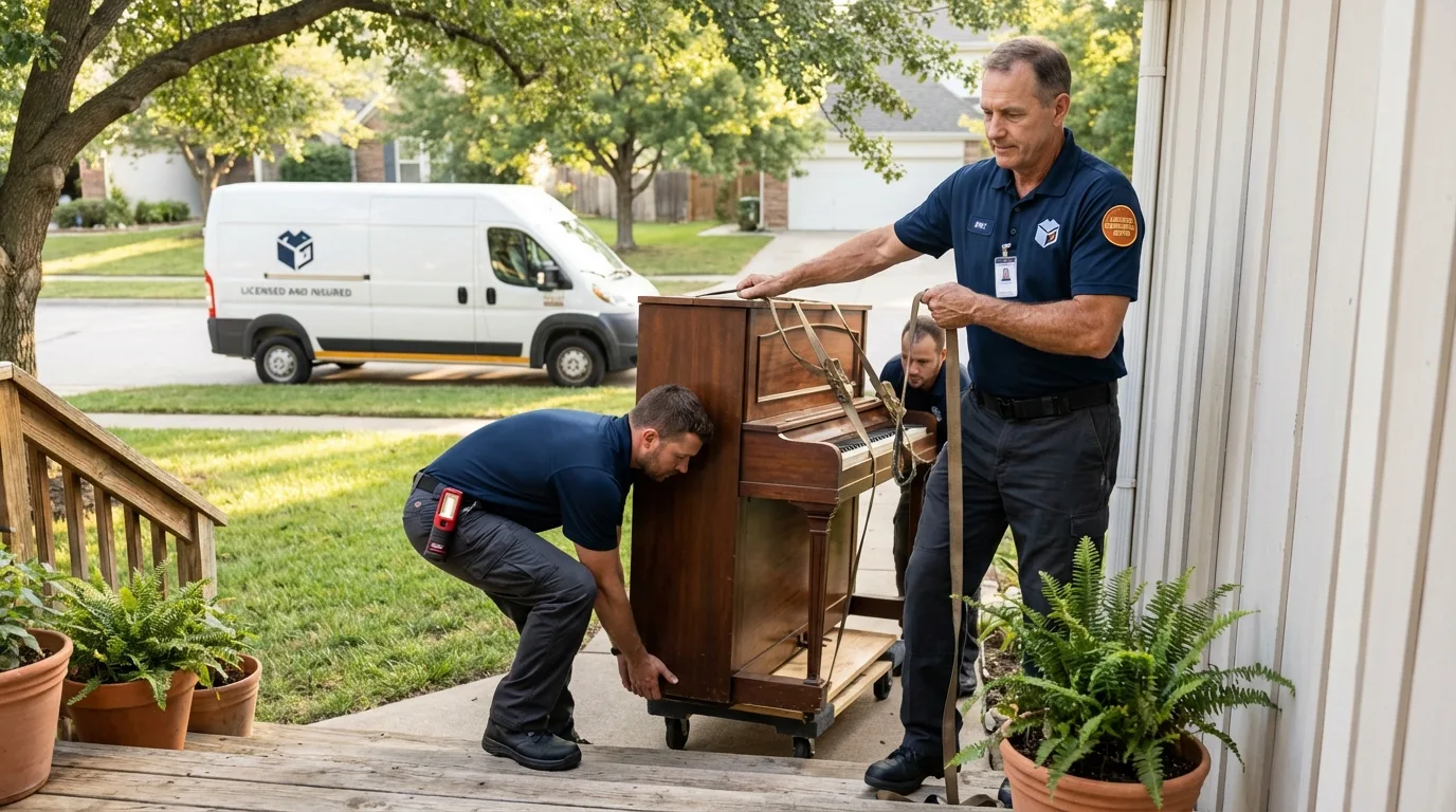 Licensed piano movers securing grand piano in Whitehall, PA