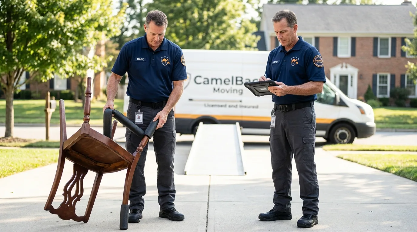Movers inspecting furniture for damage prevention before loading in Whitehall, PA