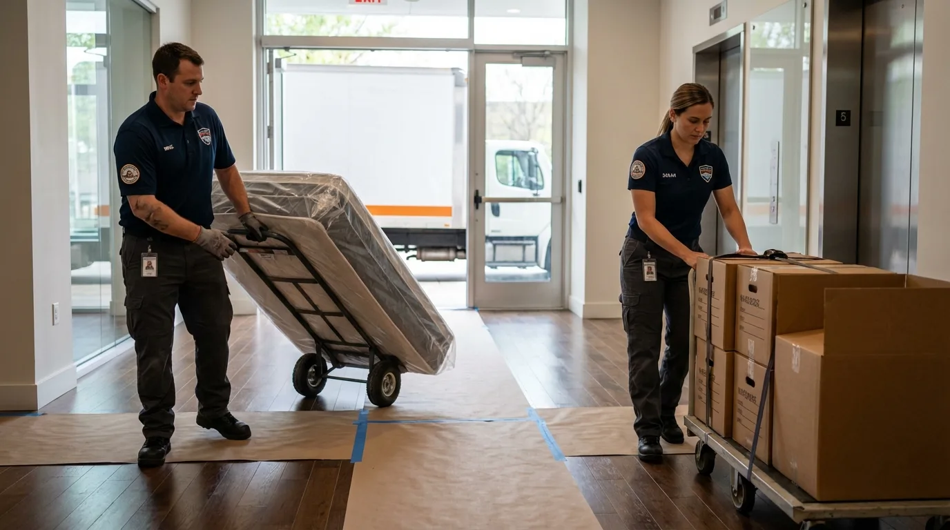 Professional apartment movers loading elevator in Whitehall, PA